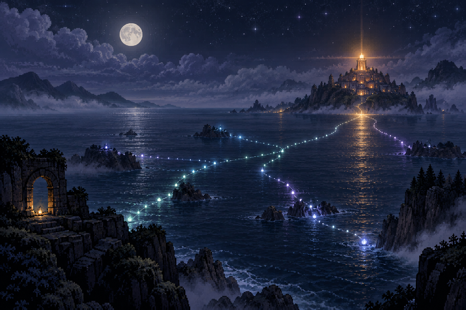 Pixel-art moonlit sea with multiple luminous paths converging on a distant beacon