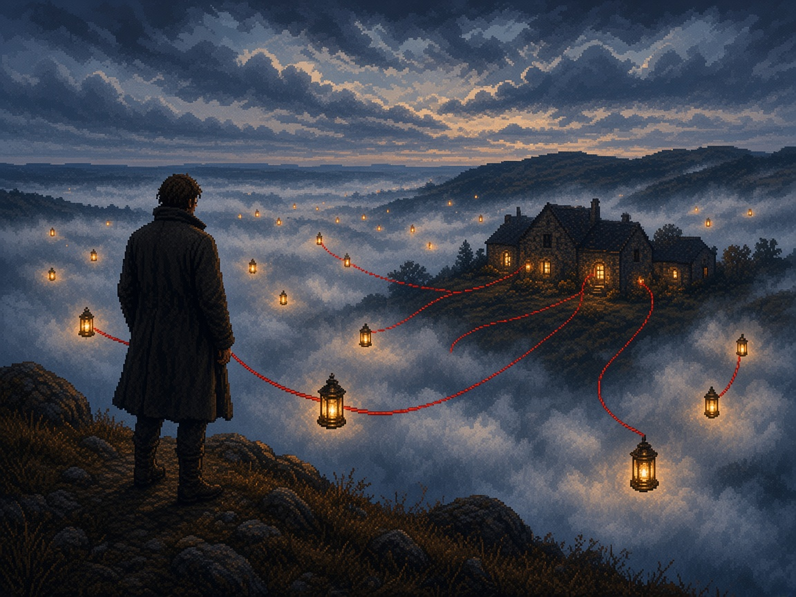 Pixel-art figure on a dusk ridge overlooking a misty valley of floating lanterns, a few tied by red threads to a lit cottage, a picture of creative metrics checked against real orders