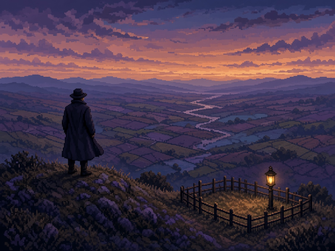 Pixel-art figure on a hilltop at dusk looking over a wide valley of fields, with one lantern-lit field marked off in the foreground.