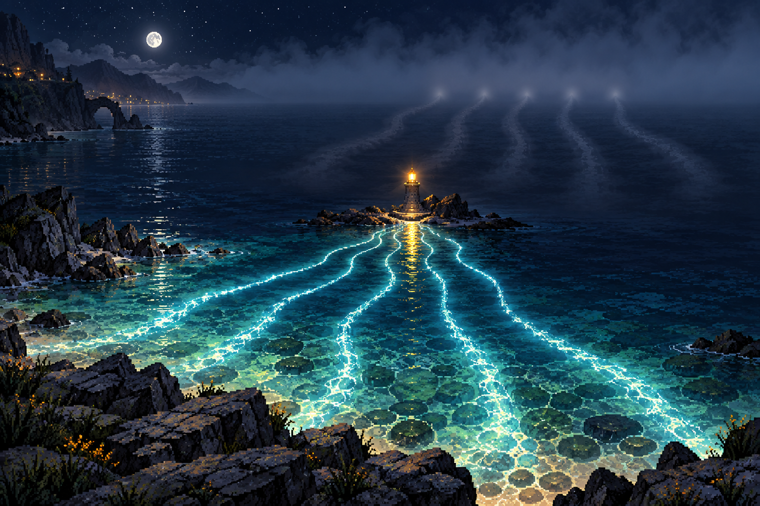 Pixel-art ocean scene with five clear glowing paths near shore and five fading into offshore fog