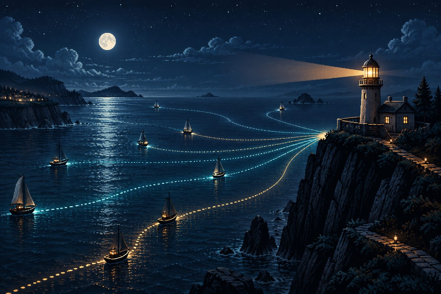 Moonlit pixel-art coastline with several glowing paths converging on a lighthouse observatory